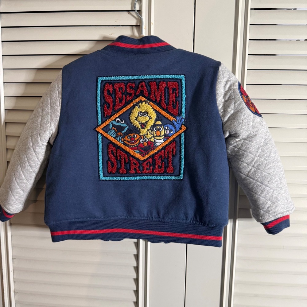 Sesame Street Toddler Varsity Jacket Navy Blue Grey Quilted 18M Big Bird Elmo